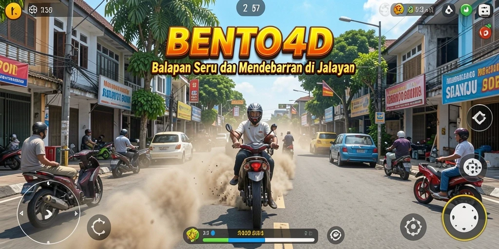 Tangkapan layar gameplay BENTO4D yang menampilkan balapan menegangkan di jalanan.