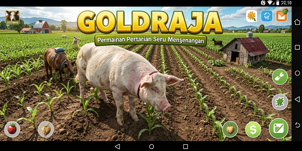 Screenshot utama GOLDRAJA menunjukkan petani sedang merawat tanaman.