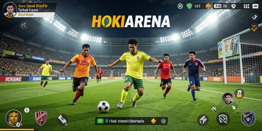 Screenshot HOKIARENA menampilkan aksi mendebarkan di lapangan sepak bola.