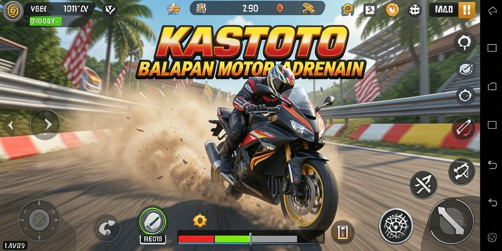 Screenshot utama KASTOTO menampilkan aksi balapan motor yang mendebarkan.