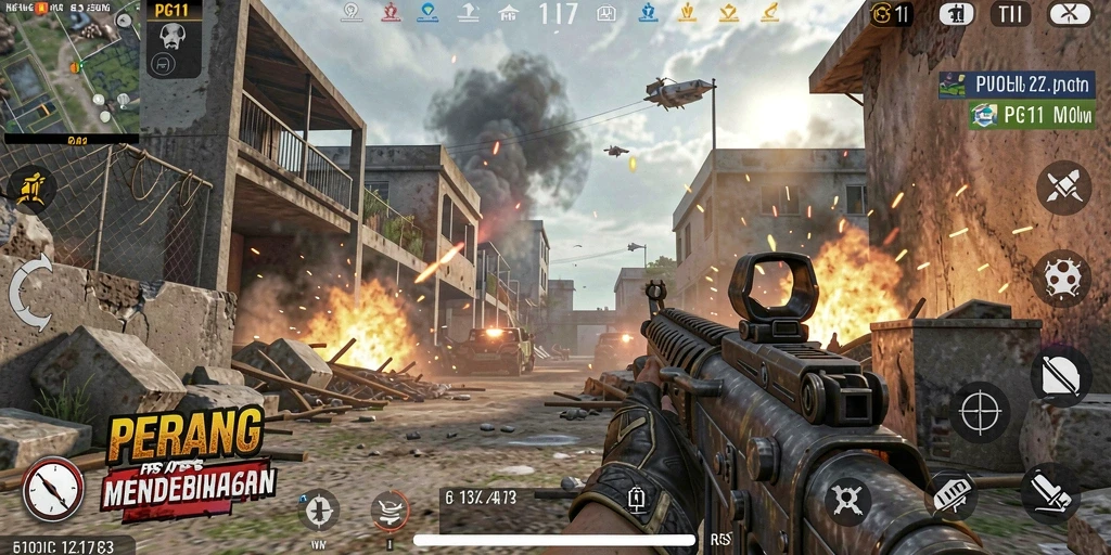 Menampilkan aksi seru dalam gameplay FPS PG11.