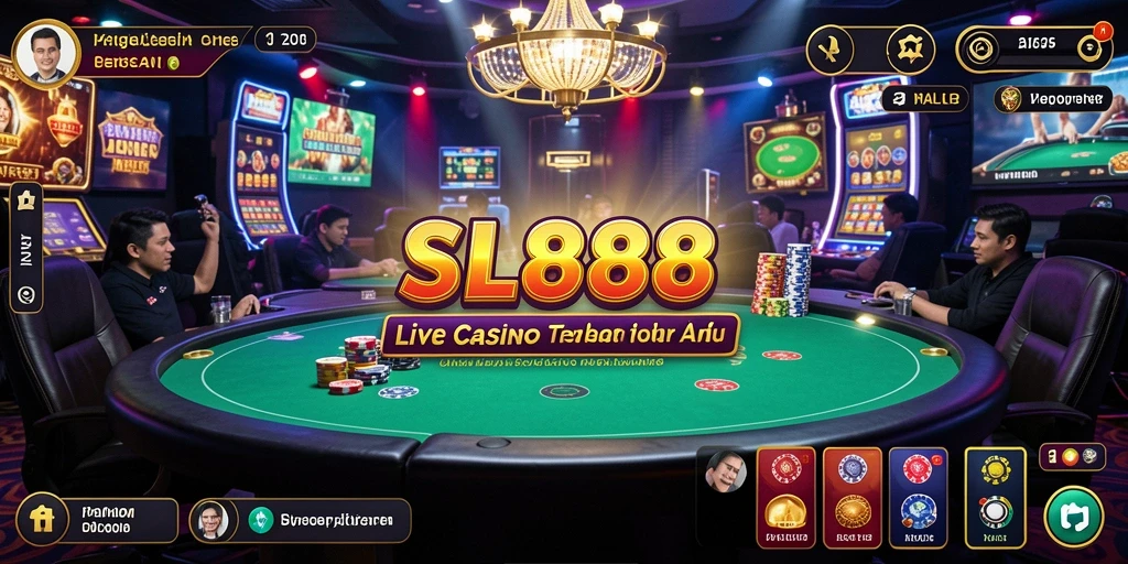 Tangkapan layar gameplay SL888 menampilkan dealer langsung dan suasana kasino yang mendebarkan.
