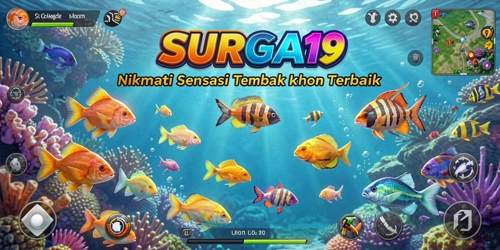 Screenshot SURGA19 menampilkan aksi menembak ikan yang seru.