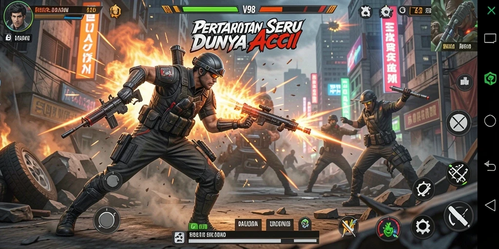 Screenshot V98 menunjukkan aksi pertarungan yang mendebarkan dan karakter yang keren.